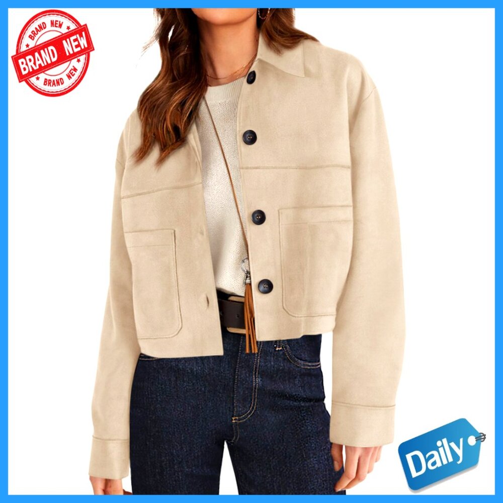 Faux Suede Cropped Jacket Long Sleeve Button Front Relaxed Fit Casual - Picture 1 of 7